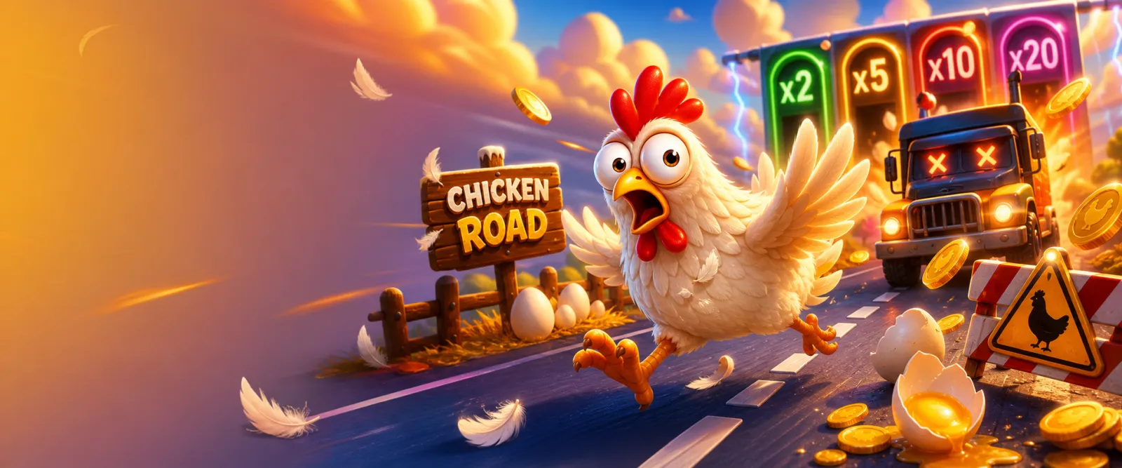 Promotional banner for Chicken Road slot game featuring road lanes, feathers, and coins with arcade energy.