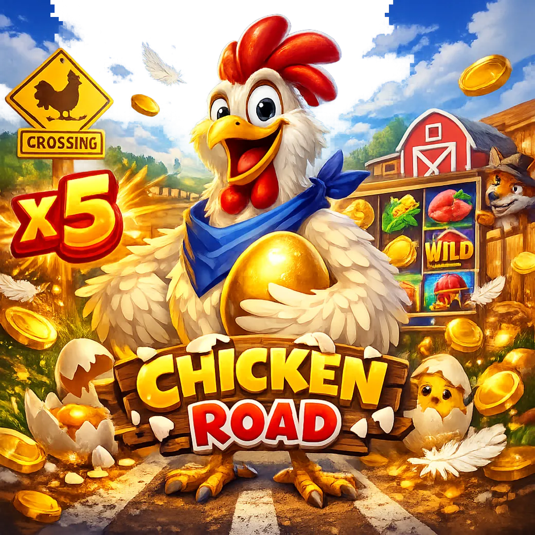 Bright and dynamic promotional image for Chicken Road slot, featuring a funny chicken and road elements.