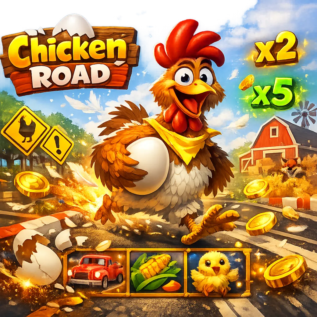 Promotional image for Chicken Road slot featuring a funny chicken, road lanes, eggs, and coins in a dynamic crash-game settin